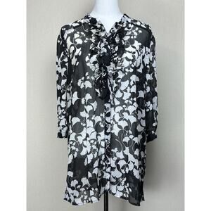 Women’s Tunic Style & Co. 100% Polyester Ruffled Button Down Front Black Floral